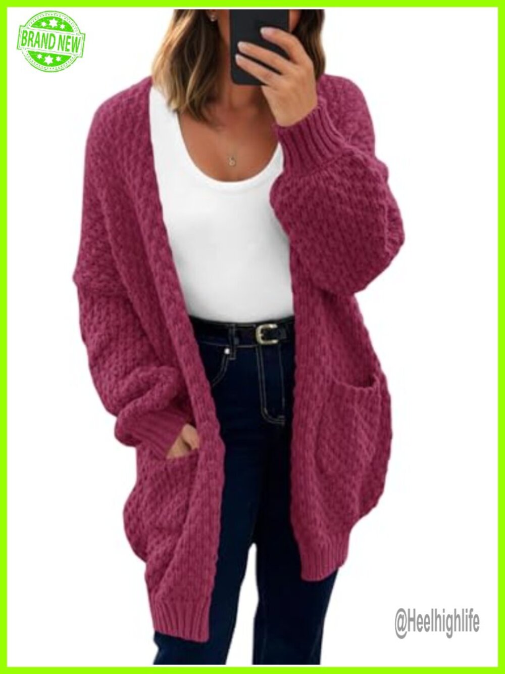 Oversized Open Front Waffle Knit Cardigan Lantern Sleeve Long Sweater